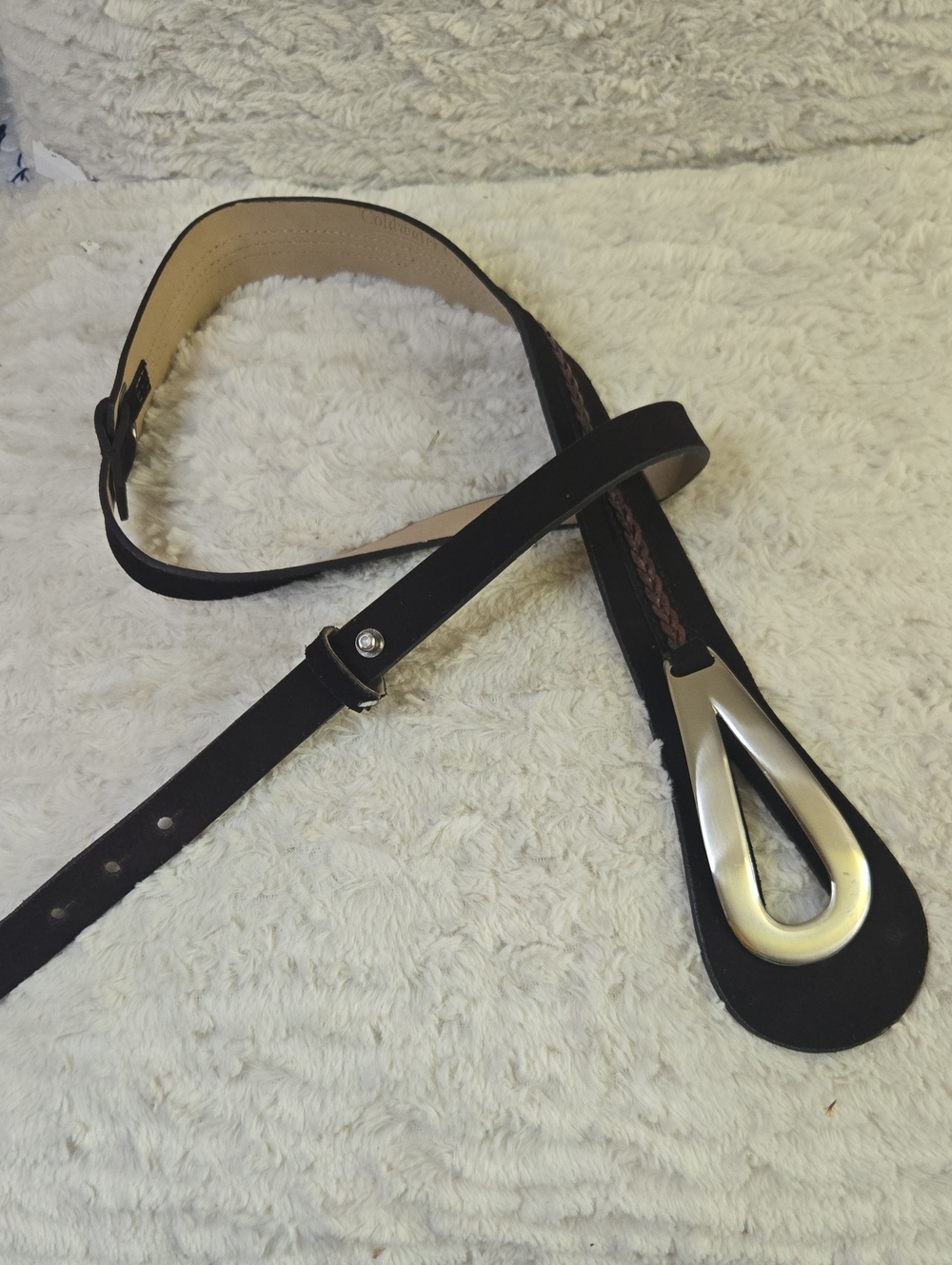 Coldwater Creek Black Leather Belt with Silver Teardrop Accent